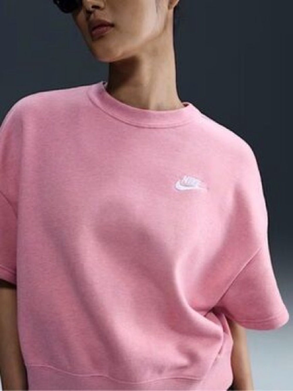 Nike Women's Pink Short-Sleeve Crew Sweatshirt with Embroidered Swoosh